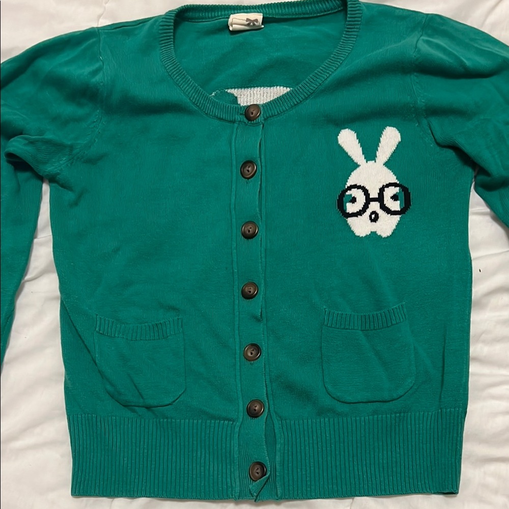 Teal Cardigan with Rabbit Design